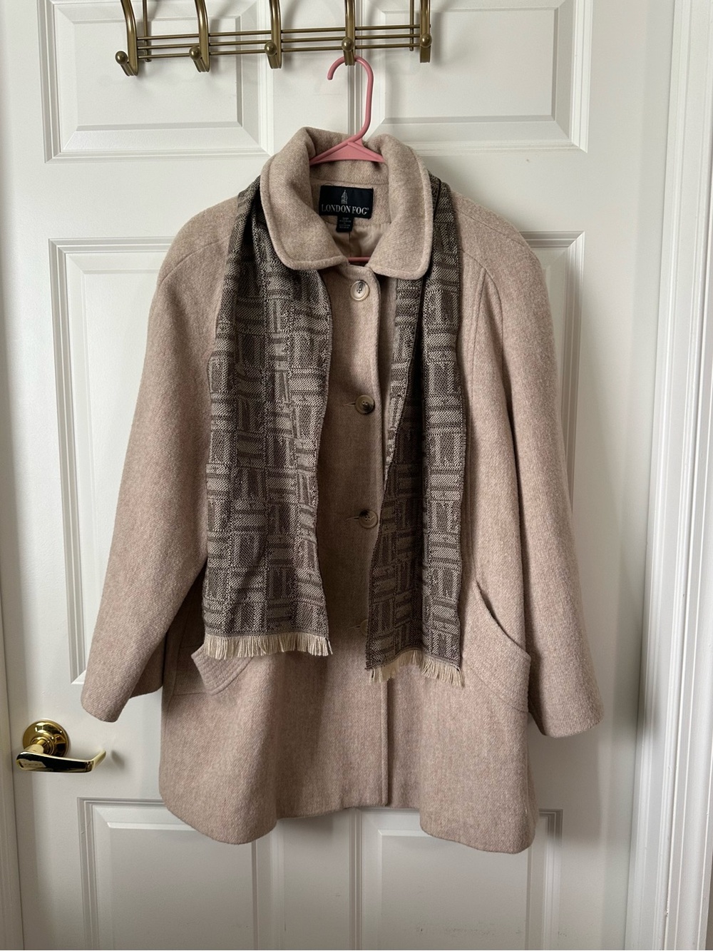 London Fog Tan/Cream Wool Blend Coat with Scarf Size 12 Petite